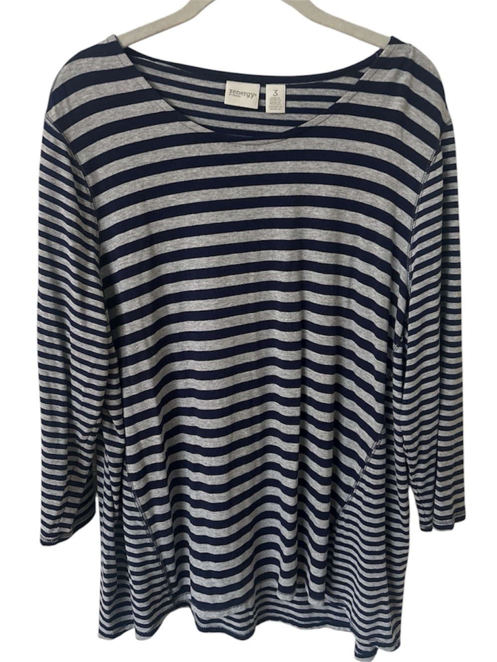 Chico's Navy and Gray Striped Long Sleeve Scoop Neck Top